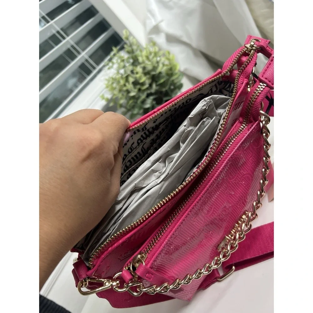 Juicy Couture Double Trouble Crossbody Bag Hot Pink Purse Gold Chain Pockets Zip